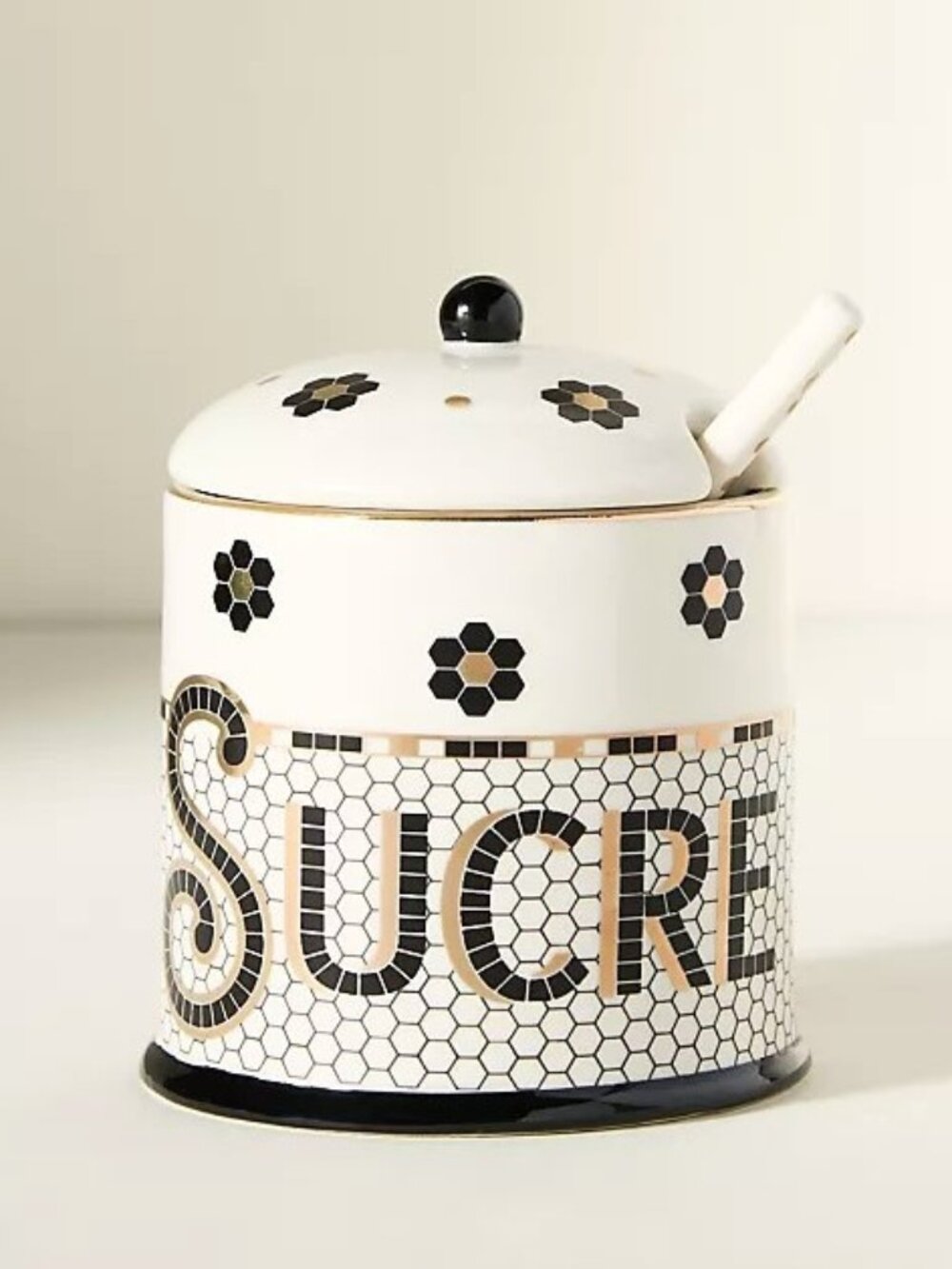 Anthropologie Bistro Tile Decaled Stoneware Sugar Bowl Pot 3 Pcs Set Mosaic New
